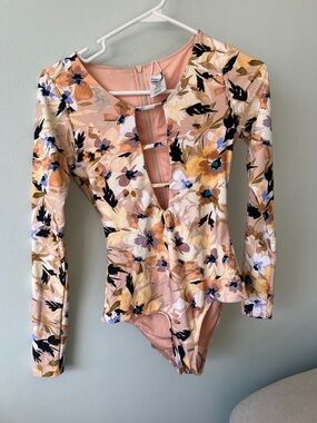 O'Neill Long Sleeve Floral One-Piece Swimsuit - Peach, Yellow, Black, Blue